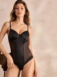 Charlaine Women's Sexy French Minimalist Satin & Lace Patchwork Jumpsuit - Black - View 7