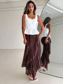 Aloruh Chân váy đi biển xếp tầng họa tiết hoa, chất liệu chiffon thanh lịch, vạt bất đối xứng, thích hợp cho kỳ nghỉ hè. - màu nâu - Xem 7