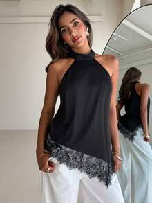 Aloruh Blusa de mujer con parches de encaje, bajo asimétrico en negro con ribete de satén y encaje - Sexy para blusas elegantes de mujer, blusas elegantes para mujer, atuendos casuales de negocios para mujer, atuendos casuales de negocios, atuendos casuales modestos, top de verano negro, top asimétrico negro, top con ribete de encaje - Negro - Ver 6