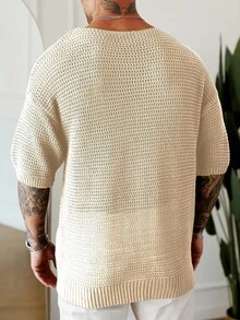 Manfinity Homme 男士米色夏季休閒度假圓領短袖口袋針織上衣，復古針織上衣，適合假期海灘 - 杏色 - 查看 2