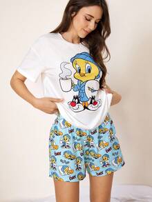 LOONEY TUNES X SHEIN Women's Round Neck Short Sleeve T-Shirt And Casual Shorts Pajama Set - - White - View 3