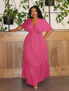 Slaydiva Plus Size Elegant Sexy Low Neckline Shoulder Sleeve Waist A-Line Ruffle Hem Dress, Red, Summer-S - Hot Pink - View 5