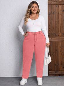 EMERY ROSE Plus Size Solid Color Slant Pocket Casual Daily Non-Stretch Tapered Jeans - Pink - View 3