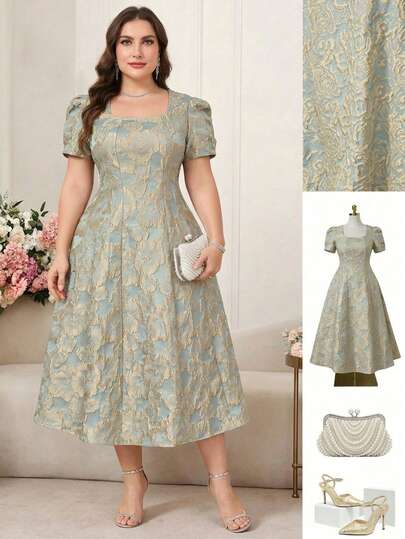 Ellevyn Vestido de talla grande para mujer con cintura ceñida de jacquard elegante