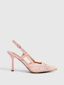 CUCCOO SZL Solid Color Patchwork Metal Decor Simple Casual Women High Heel Pumps Spring Shoes Spring Break Easter Prom Heels For Christmas - Pink embroidery thread mesh - View 2