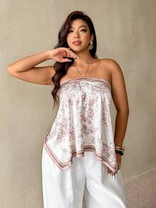 Auralis Top de playa con cuello de halter de gasa con estampado de teñido anudado elegante/Top de tirantes con cuello de halter talla grande para mujer/Bajo irregular/Bajo tipo bufanda/Estampado de diseño/Top de vacaciones estilo bohemio/Fluido - Multicolor - Ver 7