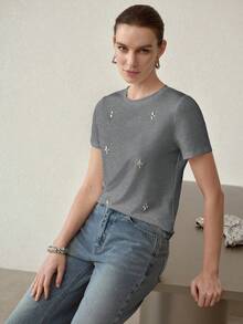 MOTF PREMIUM WOMEN'S SUMMER RHINESTONE-DECORATED SHORT-SLEEVE T-SHIRT - Grey - View 8
