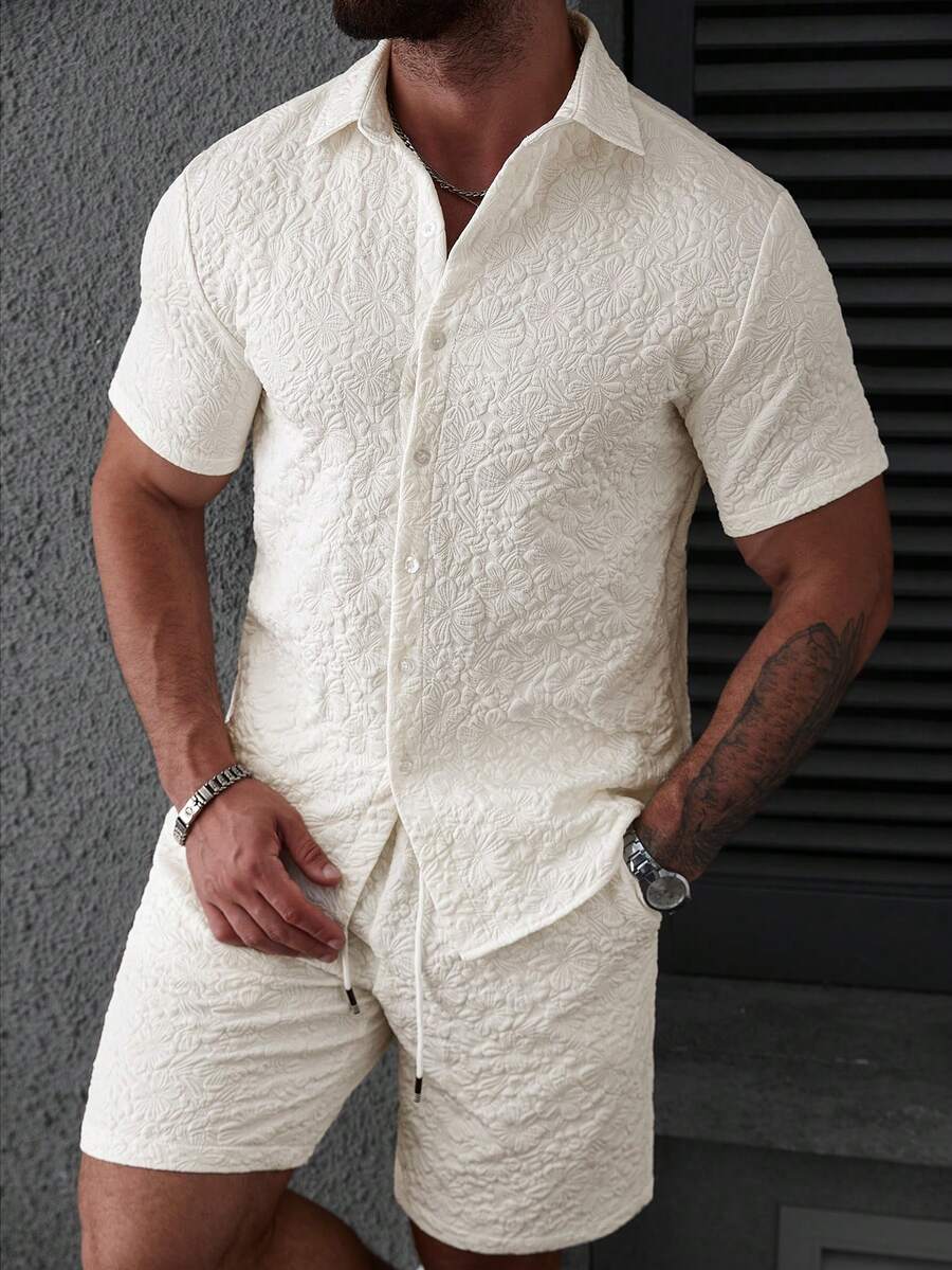 VENTUSAIL Men's Jacquard Single-Breasted Short Sleeve Shirt And Shorts Set - Beige - View 1