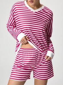 Loungeista Women Striped Long Sleeve Top And Shorts Lounge Set, Loose Fit, Color Block, V-Neck Casual Sleepwear Cozy Outfit, Fall Winter Clothesfor Summer - Purple - View 5