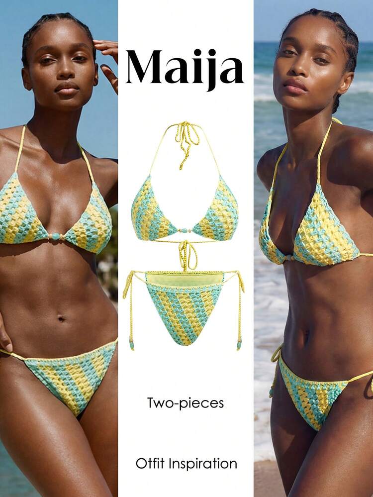 SHEIN Maija Women's Summer Beach Contrast Color Halter Tie Sexy Bikini Swimsuit Set Women's Bikini Sets Bathing Suits For Women Summer Yellow Capri Women's Swimsuit 2 Pieces Women Two Pieces Women's Beach Outfits Beach Vacation Outfits For Women