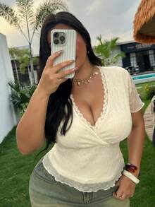 Dazy Plus V-Neck Lace Patchwork Sexy Tight Fitted T-Shirt Top, Plus Size For Women Spring/Summer - Beige - View 6