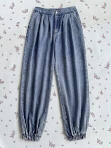 SHEIN Holidaya Women's Casual Daily Washed Slant Pocket Tapered Leg Jeans - Blue - View 7