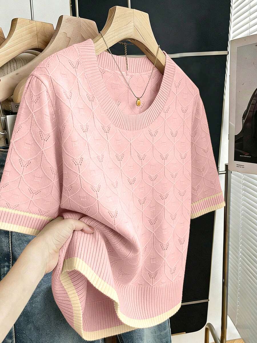 SHEIN Clasi 女士休闲衬衫,适合日常通勤、情人节、街头风等各种场合,百搭商务优雅知性风,圆领条纹修身短袖撞色杏色宽松直筒套头针织衫,大码可选,春夏款 - 藕粉色 - 查看 1