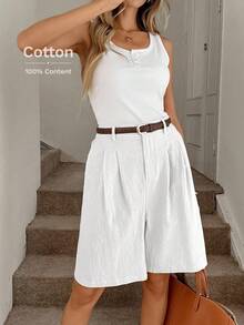 Easowa Quần short Bermuda dáng suông mùa thu, chất liệu cotton, quần short dài màu kaki thoải mái dành cho nữ, có túi và khóa kéo, phù hợp với phong cách cổ điển, công sở, đi làm và dạo phố hàng ngày. - trắng - Xem 8