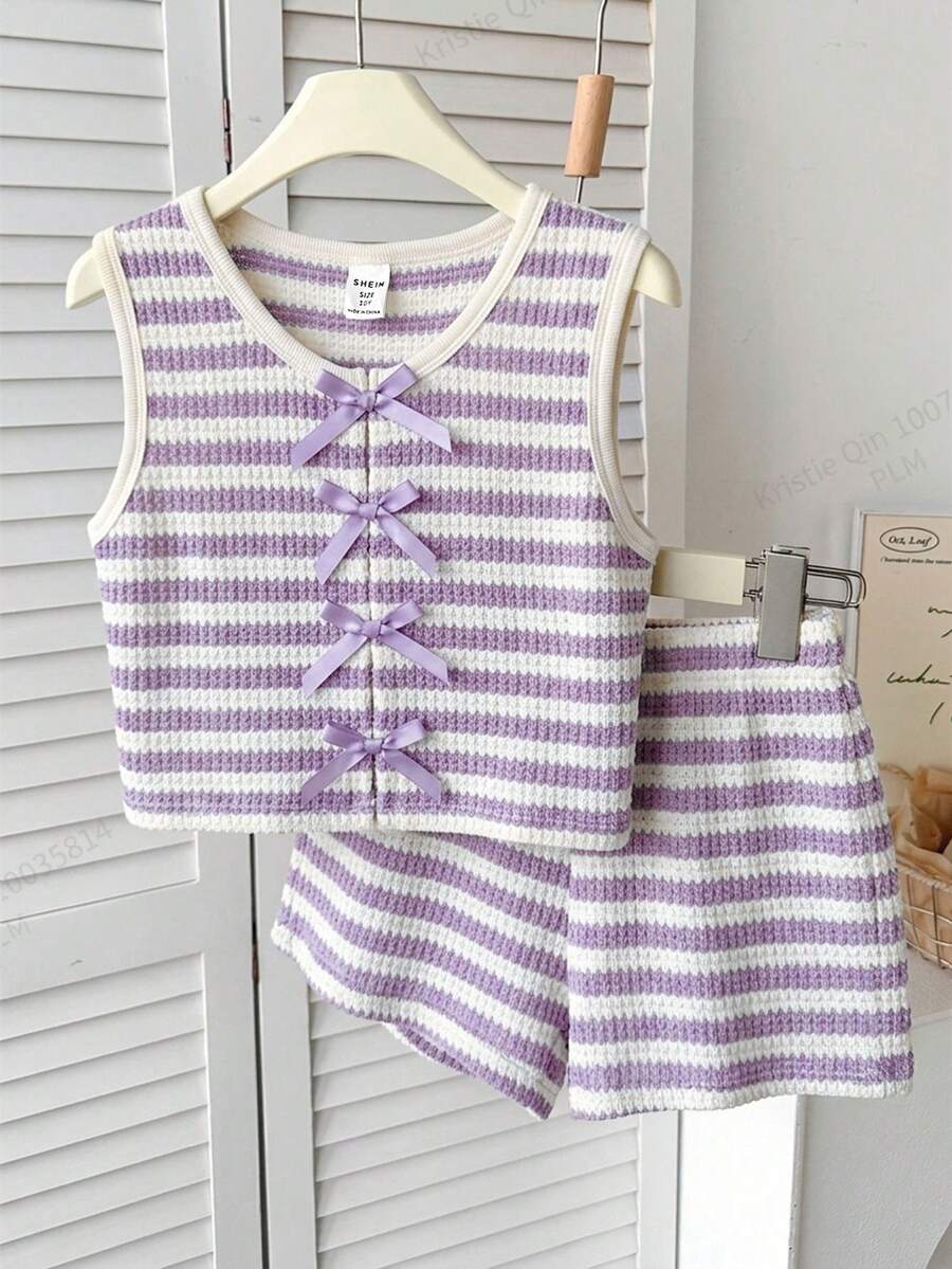SHEIN Bộ đồ cơ bản 2 mảnh cho bé gái tuổi teen, gồm áo croptop không tay và quần short rộng, màu nâu trắng kẻ sọc, thích hợp cho kỳ nghỉ xuân/hè. - Màu tím - Xem 1