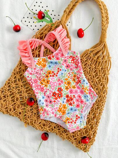 SHEIN Vintaside Kids Newborn Ditsy Floral One-Piece Swimsuit, Ruffled Trim, Knit Fabric, Casual Fit, Suitable For Swimming, Vacation, Summer, Fashionable And Elegant