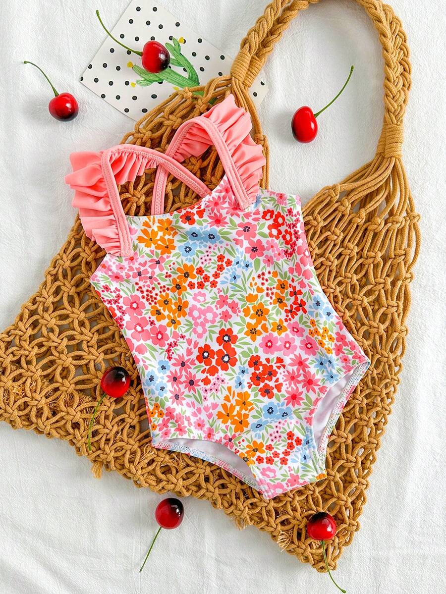 SHEIN Vintaside Kids 新生儿碎花连体泳衣,荷叶边装饰,针织面料,休闲版型,适合游泳、度假、夏季穿着,时尚优雅 - 彩色 - 查看 1