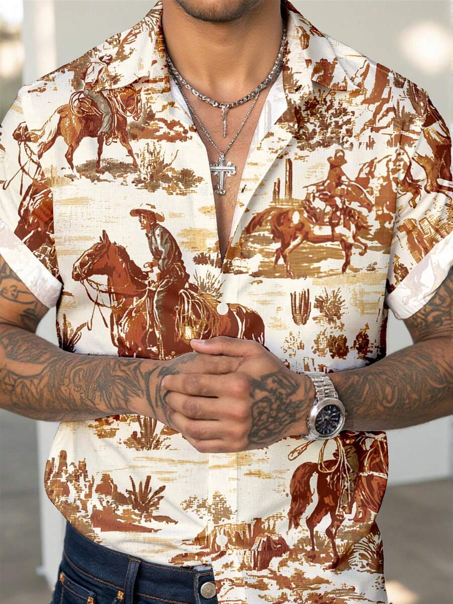 Azurnel Wild West Desert Cowboy Riding Horse Print Casual Slim Fit Short Sleeve Polo Shirt For Men - Khaki - View 1