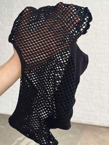 Jeanoix 女士性感黑色网纱短袖上衣 - 黑色 - 查看 7