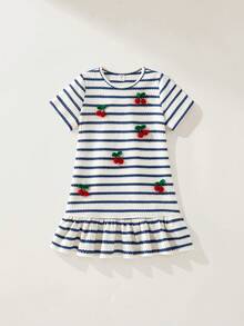 Maija Kids Maija Kids 女童可愛櫻桃裝飾針織藍白條紋短袖圓領洋裝，夏季仙女公主風亮片校園休閒度假風 - 藍白色 - 查看 3