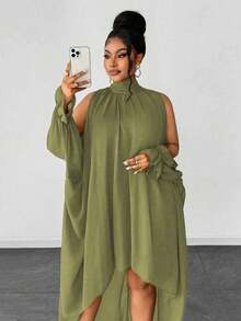 Maweii Plus Size Women Asymmetrical Hem Off Shoulder Ruffle Sleeve Dress Fall - Green - View 7