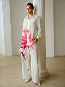 ZEYLAH Set de camisa con estampado de colocación casual y pantalones holgados, primavera/verano - Rosa - Ver 6