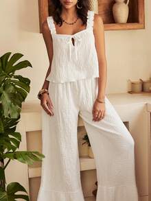 Bộ đồ ngủ nữ phong cách Bohemian gồm áo hai dây và quần ống rộng, thích hợp cho mùa xuân/hè. - trắng - Xem 6