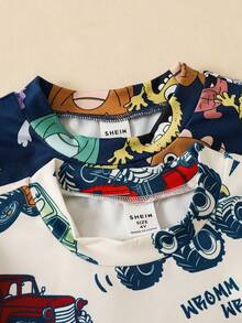 SHEIN 男童四件套睡衣套装，休闲简约赛车字母图案，舒适修身圆领短袖短裤，四季皆宜 - 彩色 - 查看 5