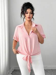 Elenzga Plus Size Women Pink Blouse, Ruffled Collar, Cuffs, Hem With Tie Waist, Fashionable Casual Romantic Commute Everyday Versatile, Spring/Summer - Dusty Pink - View 5