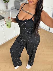 ZzzCrew Conjunto de pijama de camiseta de tirantes y pantalones con estampado de corazón y encaje en contraste para mujer talla grande, lindo y sexy, se puede usar como ropa exterior - Negro - Ver 9
