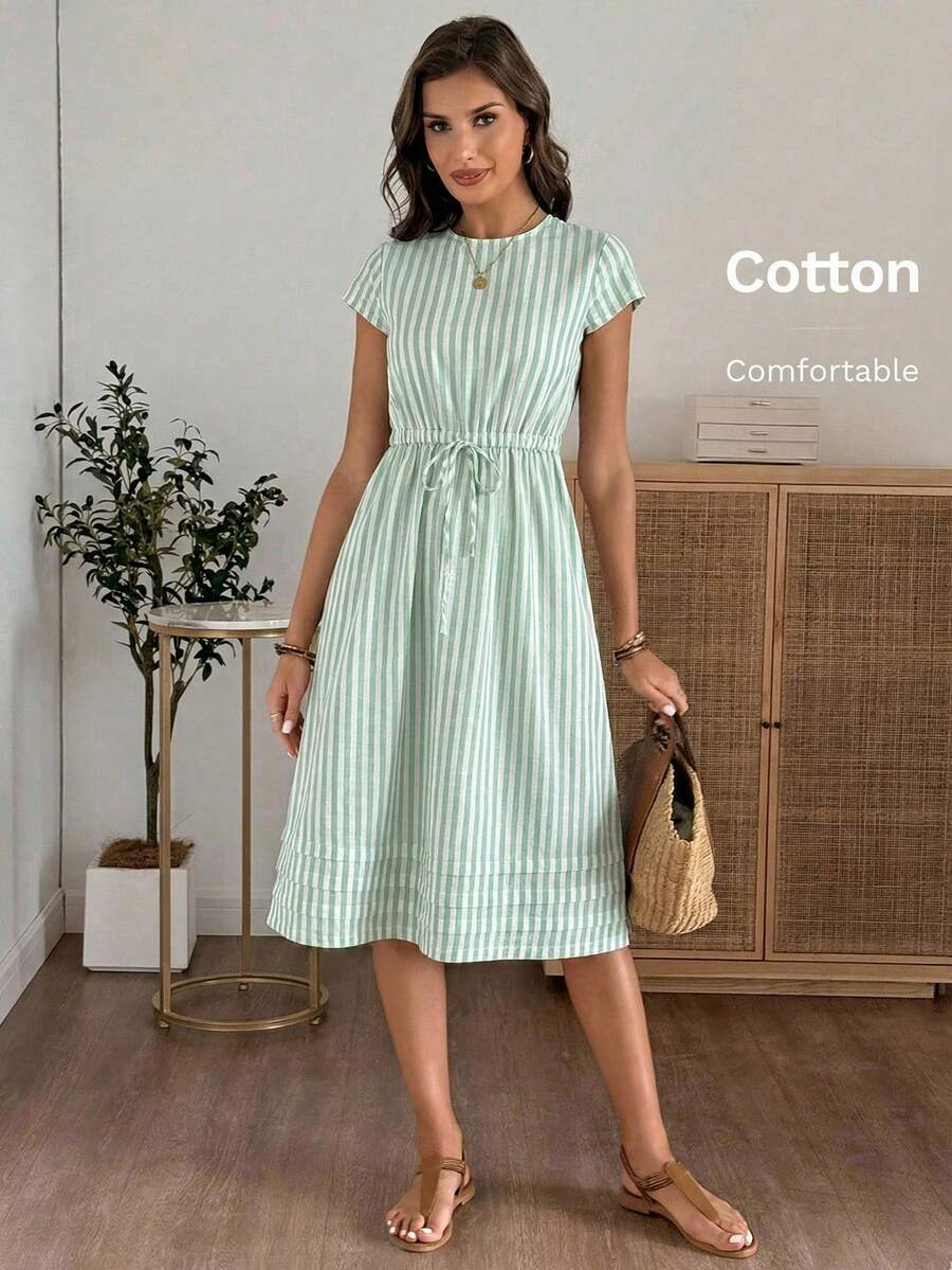 EMERY ROSE Đầm ngắn tay kẻ sọc dáng casual thắt eo dành cho nữ, mùa hè - Màu xanh nhạt - Xem 1