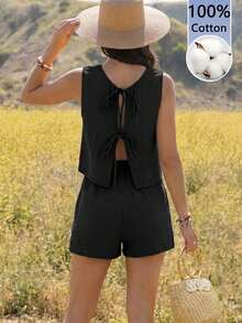 Boho Mama Umstandsmode Einfarbiges Trägertop mit Bindedetail und Shorts 2-teiliges Set - Schwarz - Übersicht 1