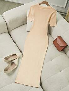 Franclia Women's Elegant Fitted Round Neck Short Sleeve Slit Decorative Button Knit Dress, Summer - Khaki - View 2