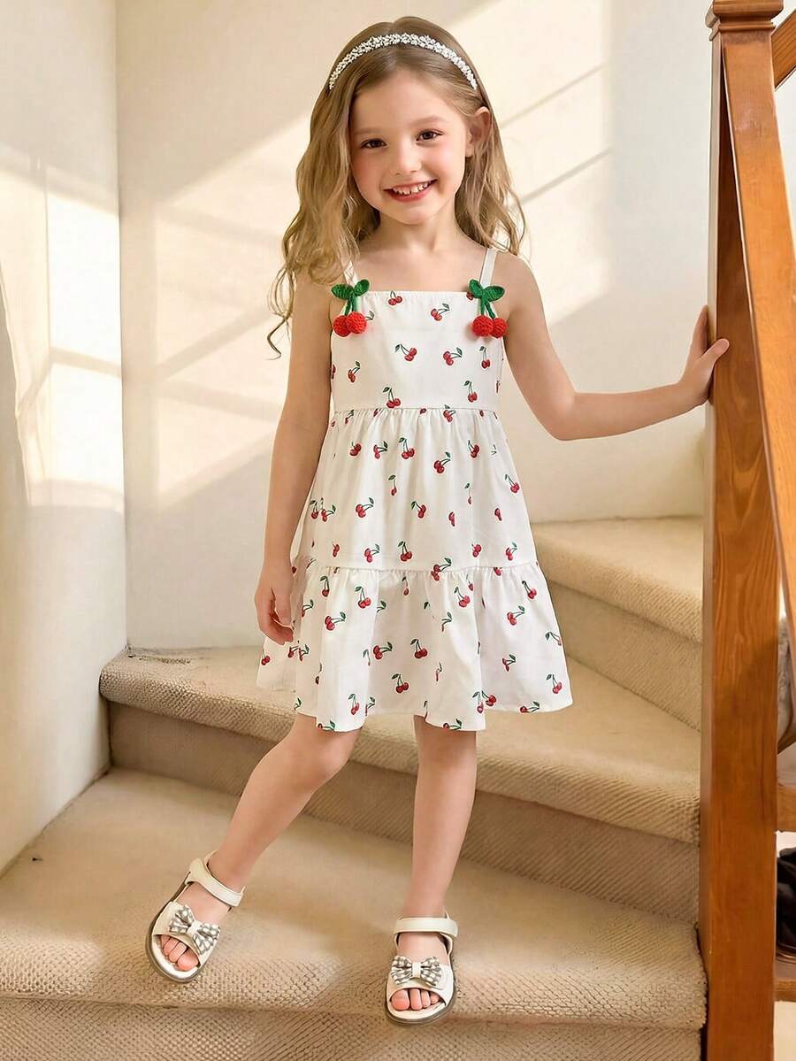 SHEIN 少女樱桃印花荷叶边提花吊带连衣裙 - 白色 - 查看 1