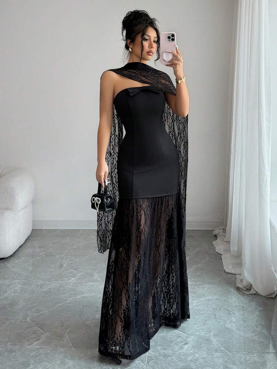 Elenzga Elegant Women's Black Lace Overlay Strapless A-Line Midi Dress,Autumn Urban Chic New Arrival For Dinner,Weddings,Galas,Commute,Parties & Holidays - Black - View 1
