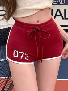 DAZY 女士数字印花抽绳腰褶皱休闲短裤，百搭 - 紅色 - 查看 7