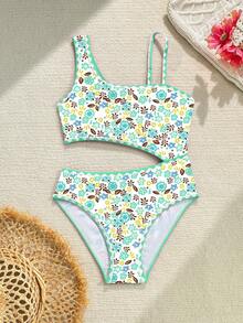 SHEIN Tween Girl Piece Swimsuit New Summer Fresh Floral Print Asymmetrical Design Kids Bathing Suit Baby High Elastic Breathable Quick Dry Beach Vacation Hot Spring Water Play Swimwear For Big Kids Parent-Child Swimming Gear - Green - View 7