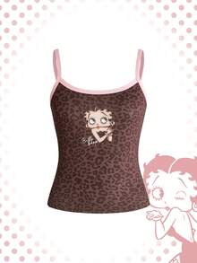 Betty Boop | ROMWE Bộ đồ ngủ áo hai dây và quần short phối họa tiết da báo, viền tương phản. - màu nâu - Xem 8