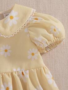 Souflis Souflis Vestido de Bebê Menina Estilo Francês com Estampa de Margarida, Vestido de Princesa Doce com Gola Peter Pan e Mangas Bufantes, Visual Casual Chique para Brincadeiras, Escola e Mais Ocasiões - Amarelo - Visão 7