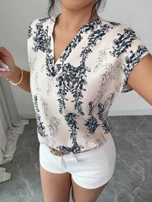 Selianne 1件女款優雅性感馬卡龍色花卉印花V領無袖上衣，夏季時尚寬鬆度假風上衣，適合上班、高爾夫、日常穿著 - 黑色 - 查看 4
