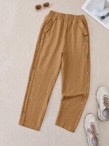 EMERY ROSE Women's Casual Commuter Minimalist Solid Color Side Button Decor Skinny Pants - Brown - View 3