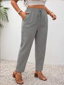 SHEIN Frenchy Plus Size Black & White Striped Pattern Casual Pants With Pockets, Suitable For Daily, Commuting And Vacation Fall - Multicolor - View 4