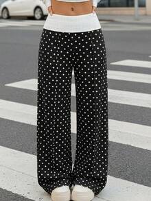 SHEIN Girlism Áo lót nữ tuổi teen phong cách retro hàng ngày, quần dài dệt kim gân màu đen ống rộng chấm bi Pháp đen trắng, quần ống loe rộng, quần thể thao chấm bi, quần thể thao ống loe, quần thể thao dễ thương, quần thể thao nữ tuổi teen. - Đen và trắng - Xem 2