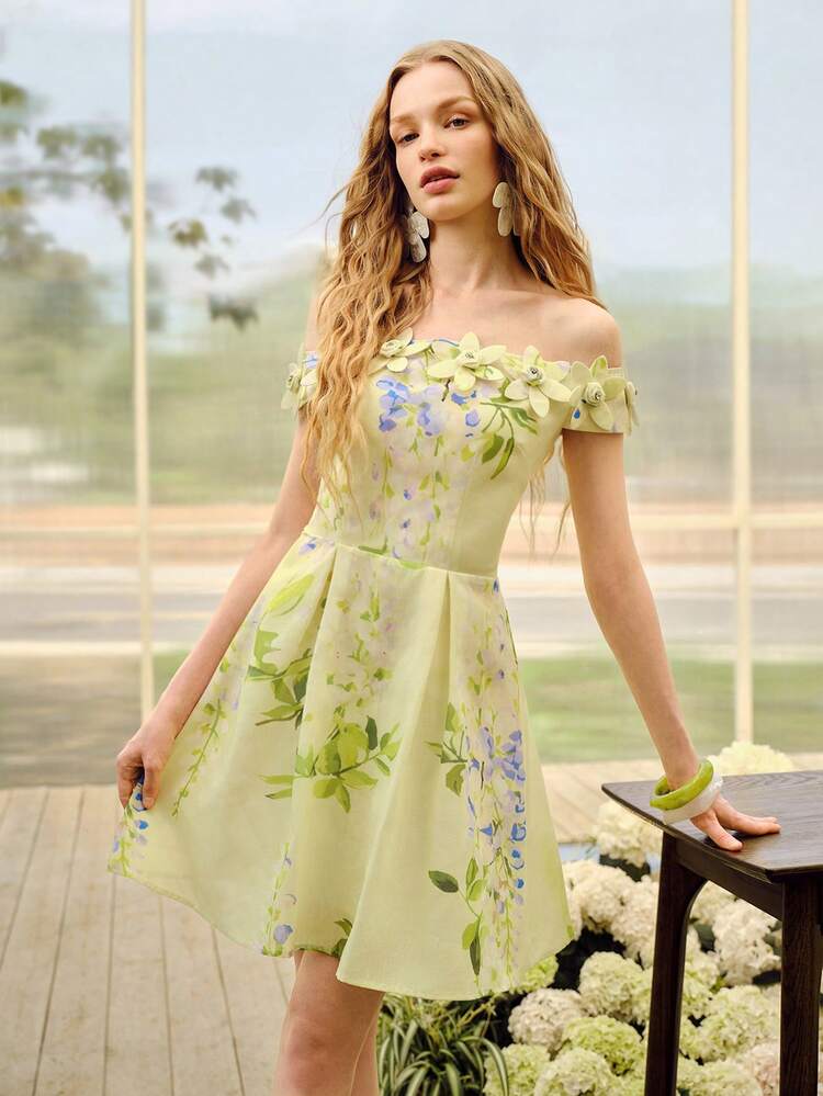 FLORAL PRINT 3D STEREO FLOWER OFF SHOULDER SHORT DRESS