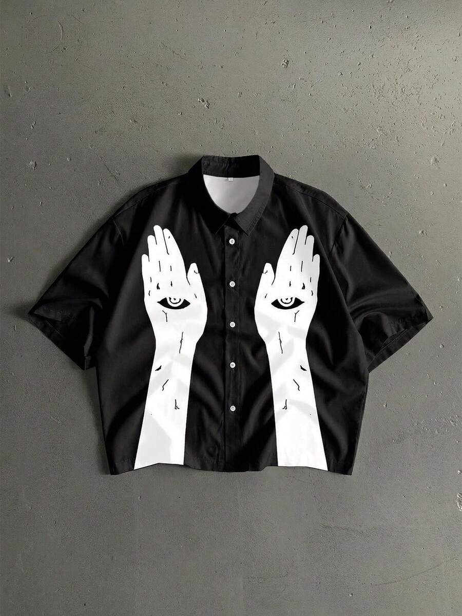 Manfinity Roghcode Men's Fashionable Allover Print Front Button Short Sleeve Casual Summer Shirt - Black - View 1