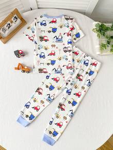 一套两件，男童修身圆领短袖睡裤，可爱汽车卡车印花，舒适柔软，是送给幼儿男童的绝佳礼物。 - 彩色 - 查看 2