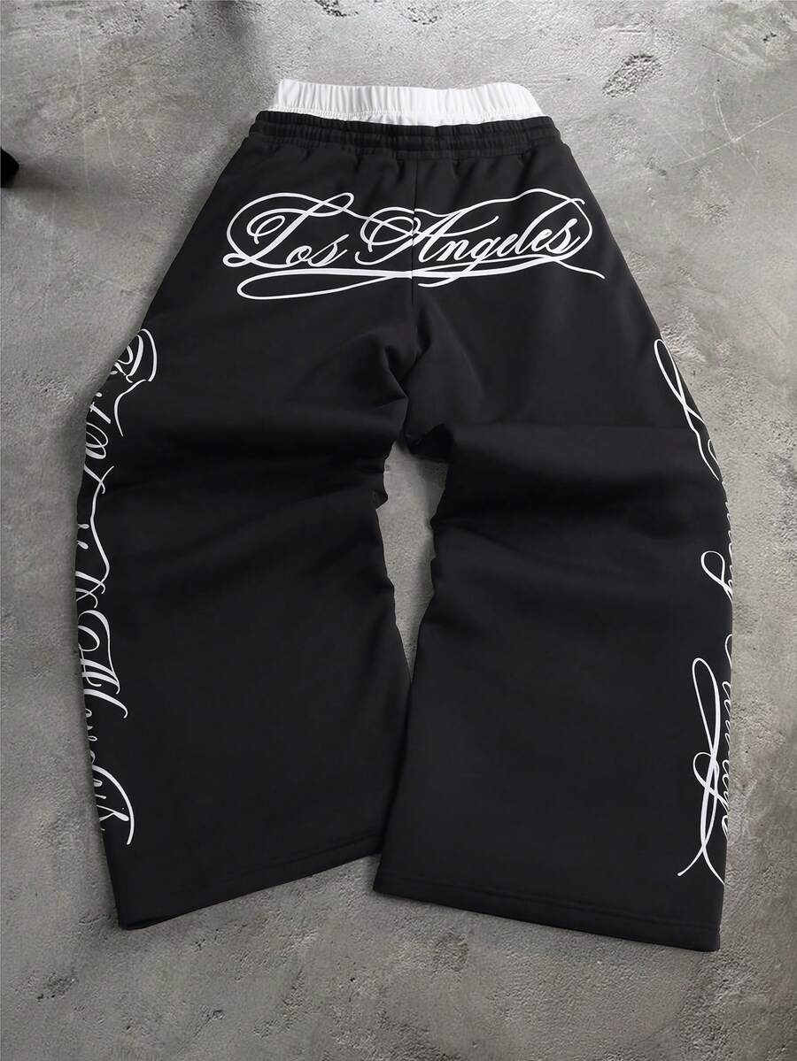 PAVTROS Men's Contrast Color Waistband Letter Print Wide Leg Sweatpants Wide Leg - Black - View 1