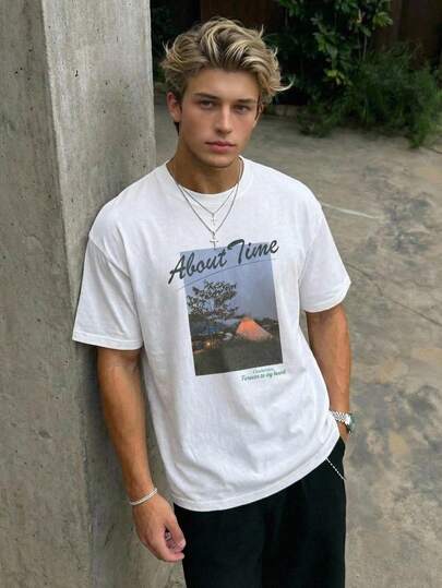 DAZY Áo thun nam tay ngắn màu trắng in hình và chữ, thích hợp mặc mùa hè.