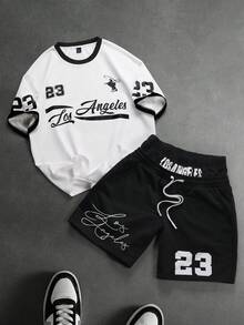 PAVTROS Ensemble décontracté homme composé d'un t-shirt à manches courtes avec imprimé lettres et d'un short à cordon de serrage à la taille - Multicolore - Voir 1