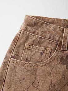 Quần jeans nữ ống rộng dáng suông in hoa, có túi, kiểu dáng thường ngày. - Màu Khaki - Xem 3